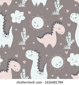 seamless pattern with cute dino and sun - vector illustration, eps