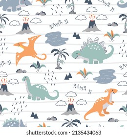 Seamless pattern cute dinos collection and mountain explosion, design for scrapbooking, decoration, cards, paper goods, background, wallpaper, wrapping, fabric and all your creative projects