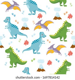 Seamless pattern with cute dinos. Cute dinosaurs isolated on white background. Kids illustration. Funny cartoon dino and prehistoric elements.