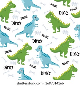 Seamless pattern with cute dinos. Cute dinosaurs isolated on white background. Kids illustration. Funny cartoon Dino and prehistoric elements.