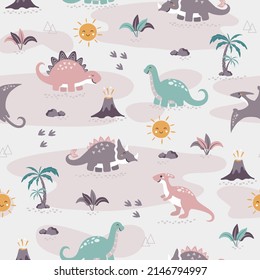 Seamless pattern cute dinos family, design for scrapbooking, decoration, cards, paper goods, background, wallpaper, wrapping, fabric and all your creative projects
