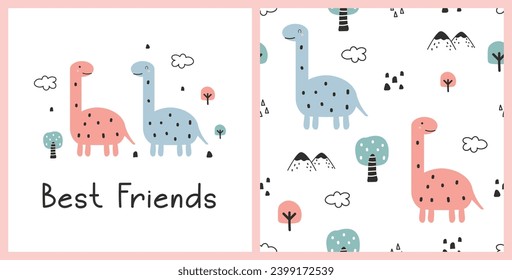 Seamless pattern with cute dinos and forest elements. Cartoon animal background. Vector illustration. Childish pattern for fabric, textile, wallpaper, wrapping, print designs