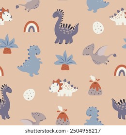 Seamless pattern with cute dinos, volkanos, palms, dino eggs and rainbows. Vector illustration.