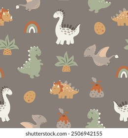 Seamless pattern with cute dinos, volkanos, palms, dino eggs and rainbows. Vector illustration.