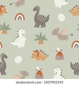 Seamless pattern with cute dinos, volkanos, palms, dino eggs and rainbows. Vector illustration.