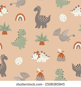 Seamless pattern with cute dinos, volkanos, palms, dino eggs and rainbows. Vector illustration.