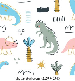 Seamless pattern with cute dinosaur animals in handmade technique. Vector illustration for printing. Cute baby background.
