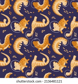 Seamless pattern of cute dinosaur astronauts. Vector in cartoon style. Dinosaur astronaut with planets, comets and stars around. Can be used for greeting cards, children's fashion, textiles, fabrics.