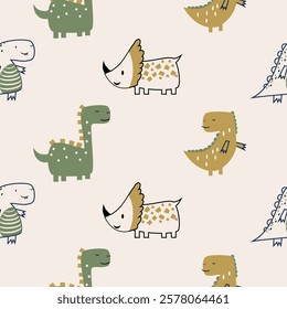 Сhildish seamless pattern with cute dinosaur, baby shower greeting card. Animal seamless background, cute vector texture for kids bedding, fabric, wallpaper, wrapping paper, textile, t-shirt print