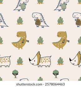 Сhildish seamless pattern with cute dinosaur, baby shower greeting card. Animal seamless background, cute vector texture for kids bedding, fabric, wallpaper, wrapping paper, textile, t-shirt print