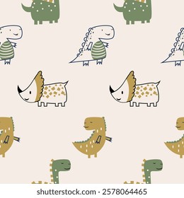 Сhildish seamless pattern with cute dinosaur, baby shower greeting card. Animal seamless background, cute vector texture for kids bedding, fabric, wallpaper, wrapping paper, textile, t-shirt print