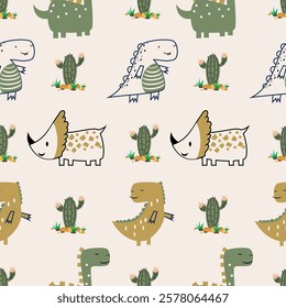 Сhildish seamless pattern with cute dinosaur, baby shower greeting card. Animal seamless background, cute vector texture for kids bedding, fabric, wallpaper, wrapping paper, textile, t-shirt print