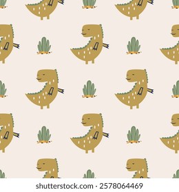 Сhildish seamless pattern with cute dinosaur, baby shower greeting card. Animal seamless background, cute vector texture for kids bedding, fabric, wallpaper, wrapping paper, textile, t-shirt print