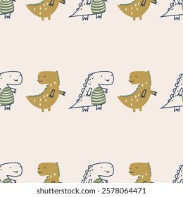 Сhildish seamless pattern with cute dinosaur, baby shower greeting card. Animal seamless background, cute vector texture for kids bedding, fabric, wallpaper, wrapping paper, textile, t-shirt print