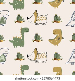 Сhildish seamless pattern with cute dinosaur, baby shower greeting card. Animal seamless background, cute vector texture for kids bedding, fabric, wallpaper, wrapping paper, textile, t-shirt print