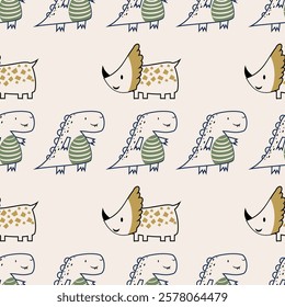 Сhildish seamless pattern with cute dinosaur, baby shower greeting card. Animal seamless background, cute vector texture for kids bedding, fabric, wallpaper, wrapping paper, textile, t-shirt print