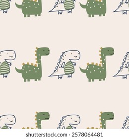 Сhildish seamless pattern with cute dinosaur, baby shower greeting card. Animal seamless background, cute vector texture for kids bedding, fabric, wallpaper, wrapping paper, textile, t-shirt print