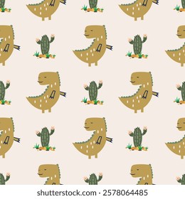 Сhildish seamless pattern with cute dinosaur, baby shower greeting card. Animal seamless background, cute vector texture for kids bedding, fabric, wallpaper, wrapping paper, textile, t-shirt print