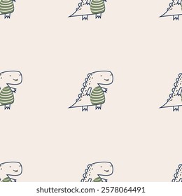 Сhildish seamless pattern with cute dinosaur, baby shower greeting card. Animal seamless background, cute vector texture for kids bedding, fabric, wallpaper, wrapping paper, textile, t-shirt print