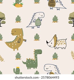 Сhildish seamless pattern with cute dinosaur, baby shower greeting card. Animal seamless background, cute vector texture for kids bedding, fabric, wallpaper, wrapping paper, textile, t-shirt print