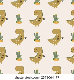 Сhildish seamless pattern with cute dinosaur, baby shower greeting card. Animal seamless background, cute vector texture for kids bedding, fabric, wallpaper, wrapping paper, textile, t-shirt print