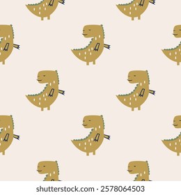 Сhildish seamless pattern with cute dinosaur, baby shower greeting card. Animal seamless background, cute vector texture for kids bedding, fabric, wallpaper, wrapping paper, textile, t-shirt print