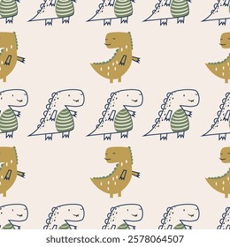 Сhildish seamless pattern with cute dinosaur, baby shower greeting card. Animal seamless background, cute vector texture for kids bedding, fabric, wallpaper, wrapping paper, textile, t-shirt print