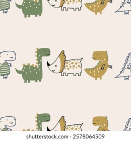 Сhildish seamless pattern with cute dinosaur, baby shower greeting card. Animal seamless background, cute vector texture for kids bedding, fabric, wallpaper, wrapping paper, textile, t-shirt print