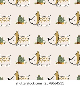 Сhildish seamless pattern with cute dinosaur, baby shower greeting card. Animal seamless background, cute vector texture for kids bedding, fabric, wallpaper, wrapping paper, textile, t-shirt print