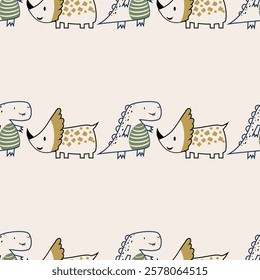 Сhildish seamless pattern with cute dinosaur, baby shower greeting card. Animal seamless background, cute vector texture for kids bedding, fabric, wallpaper, wrapping paper, textile, t-shirt print