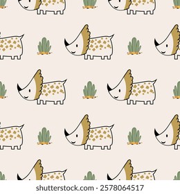 Сhildish seamless pattern with cute dinosaur, baby shower greeting card. Animal seamless background, cute vector texture for kids bedding, fabric, wallpaper, wrapping paper, textile, t-shirt print