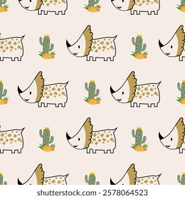 Сhildish seamless pattern with cute dinosaur, baby shower greeting card. Animal seamless background, cute vector texture for kids bedding, fabric, wallpaper, wrapping paper, textile, t-shirt print