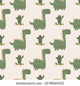 Сhildish seamless pattern with cute dinosaur, baby shower greeting card. Animal seamless background, cute vector texture for kids bedding, fabric, wallpaper, wrapping paper, textile, t-shirt print