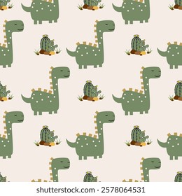 Сhildish seamless pattern with cute dinosaur, baby shower greeting card. Animal seamless background, cute vector texture for kids bedding, fabric, wallpaper, wrapping paper, textile, t-shirt print