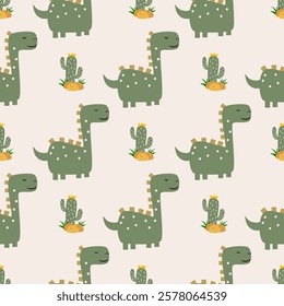 Сhildish seamless pattern with cute dinosaur, baby shower greeting card. Animal seamless background, cute vector texture for kids bedding, fabric, wallpaper, wrapping paper, textile, t-shirt print