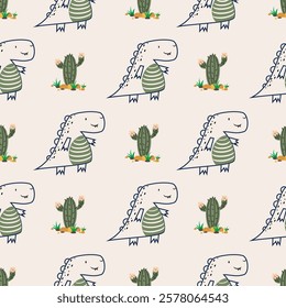 Сhildish seamless pattern with cute dinosaur, baby shower greeting card. Animal seamless background, cute vector texture for kids bedding, fabric, wallpaper, wrapping paper, textile, t-shirt print