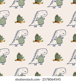 Сhildish seamless pattern with cute dinosaur, baby shower greeting card. Animal seamless background, cute vector texture for kids bedding, fabric, wallpaper, wrapping paper, textile, t-shirt print