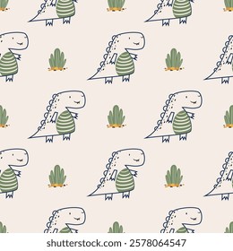 Сhildish seamless pattern with cute dinosaur, baby shower greeting card. Animal seamless background, cute vector texture for kids bedding, fabric, wallpaper, wrapping paper, textile, t-shirt print