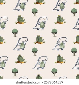 Сhildish seamless pattern with cute dinosaur, baby shower greeting card. Animal seamless background, cute vector texture for kids bedding, fabric, wallpaper, wrapping paper, textile, t-shirt print