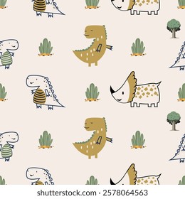 Сhildish seamless pattern with cute dinosaur, baby shower greeting card. Animal seamless background, cute vector texture for kids bedding, fabric, wallpaper, wrapping paper, textile, t-shirt print