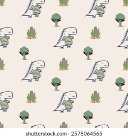 Сhildish seamless pattern with cute dinosaur, baby shower greeting card. Animal seamless background, cute vector texture for kids bedding, fabric, wallpaper, wrapping paper, textile, t-shirt print