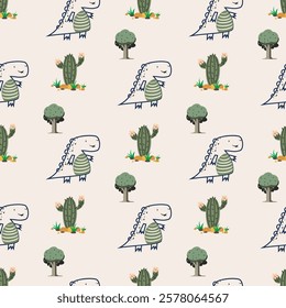 Сhildish seamless pattern with cute dinosaur, baby shower greeting card. Animal seamless background, cute vector texture for kids bedding, fabric, wallpaper, wrapping paper, textile, t-shirt print