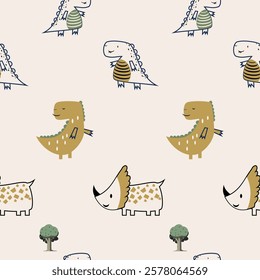 Сhildish seamless pattern with cute dinosaur, baby shower greeting card. Animal seamless background, cute vector texture for kids bedding, fabric, wallpaper, wrapping paper, textile, t-shirt print