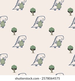 Сhildish seamless pattern with cute dinosaur, baby shower greeting card. Animal seamless background, cute vector texture for kids bedding, fabric, wallpaper, wrapping paper, textile, t-shirt print