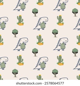 Сhildish seamless pattern with cute dinosaur, baby shower greeting card. Animal seamless background, cute vector texture for kids bedding, fabric, wallpaper, wrapping paper, textile, t-shirt print