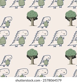 Сhildish seamless pattern with cute dinosaur, baby shower greeting card. Animal seamless background, cute vector texture for kids bedding, fabric, wallpaper, wrapping paper, textile, t-shirt print