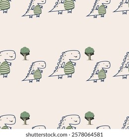 Сhildish seamless pattern with cute dinosaur, baby shower greeting card. Animal seamless background, cute vector texture for kids bedding, fabric, wallpaper, wrapping paper, textile, t-shirt print