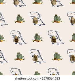 Сhildish seamless pattern with cute dinosaur, baby shower greeting card. Animal seamless background, cute vector texture for kids bedding, fabric, wallpaper, wrapping paper, textile, t-shirt print