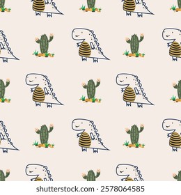 Сhildish seamless pattern with cute dinosaur, baby shower greeting card. Animal seamless background, cute vector texture for kids bedding, fabric, wallpaper, wrapping paper, textile, t-shirt print