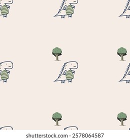 Сhildish seamless pattern with cute dinosaur, baby shower greeting card. Animal seamless background, cute vector texture for kids bedding, fabric, wallpaper, wrapping paper, textile, t-shirt print